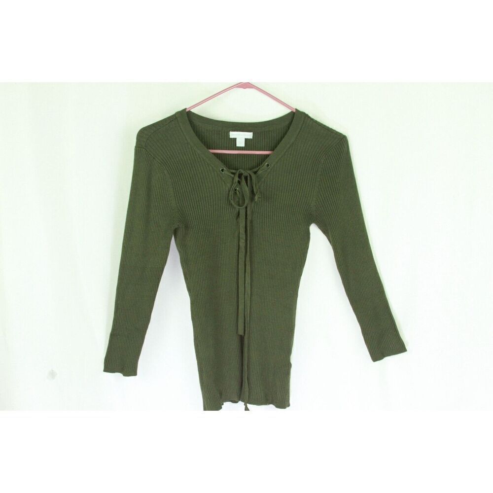 NY  & Co Top Small Ribbed Lace-Up Henley Olive Green Womens